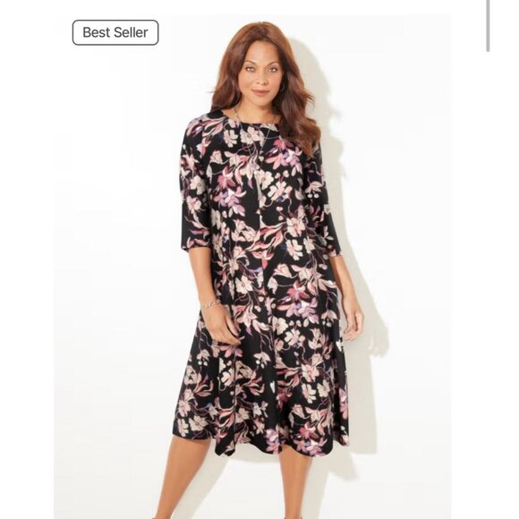 Catherines Women 4X Strawbridge Fit & Flare Dress Black Floral Soft Knit - Picture 1 of 11